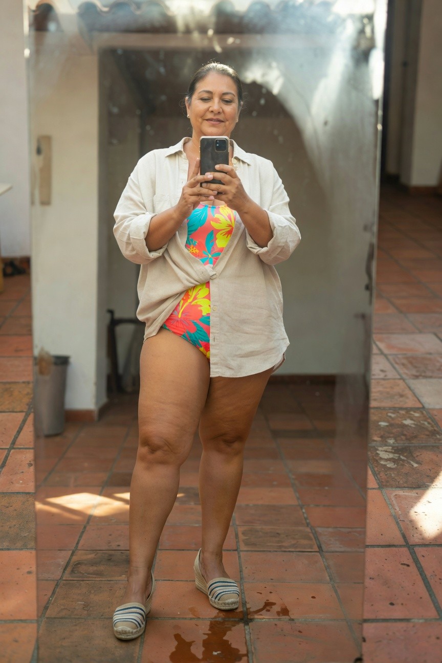 Plus-size Latina woman taking a mirror selfie in an open beige linen shirt layered over a vibrant pink yellow green floral hibiscus bikini top and high-cut bottoms with thighs visible wearing blue-striped espadrille wedges on terracotta tile floor
