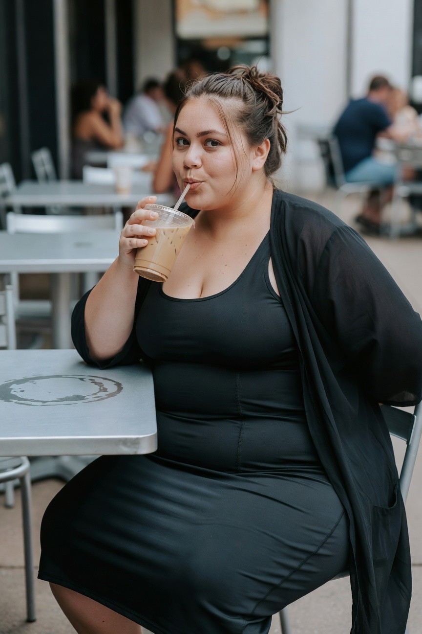 Plus-size woman in black sleeveless fitted tank dress layered with open sheer black kimono cardigan, holding iced coffee at outdoor cafe table, brunette hair in messy bun