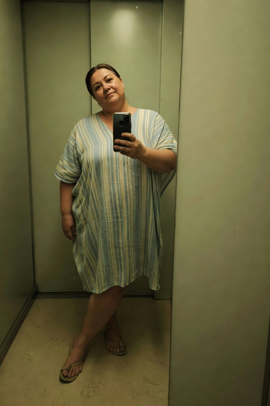 Plus-size woman taking elevator selfie in loose light blue and white striped linen short-sleeve dress with A-line skirt paired with tan flip-flop sandals, casual beachy style pose