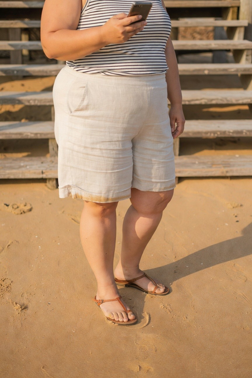 Plus-size woman standing on beach sand in black-and-white striped tank top, beige linen shorts, and tan strappy sandals, holding a phone, wooden steps in background