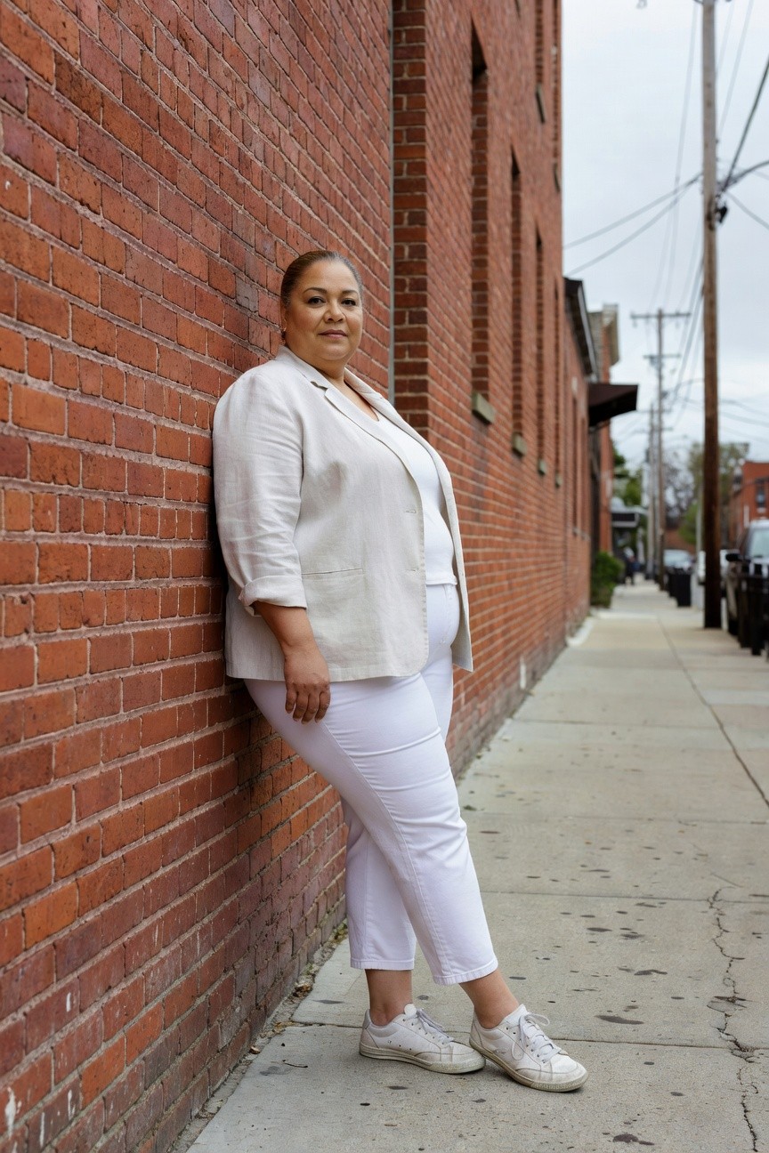 Plus-size woman leaning against brick wall in cream linen 3/4 sleeve blazer over white top and wide-leg white pants finished with white sneakers, casual chic summer style
