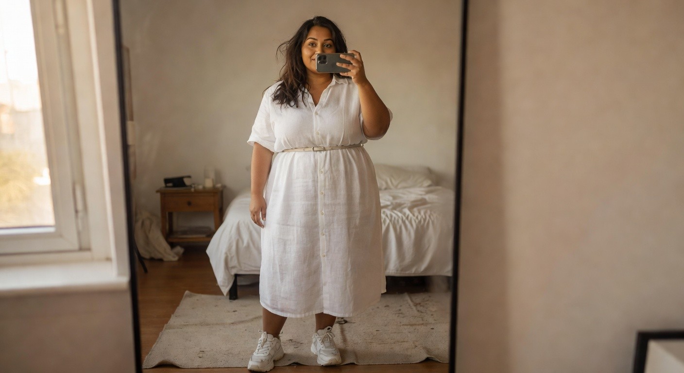 Plus-size woman taking a mirror selfie in a white short-sleeve linen button-front shirt dress with waist belt, paired with white chunky sneakers on a wooden floor with rug
