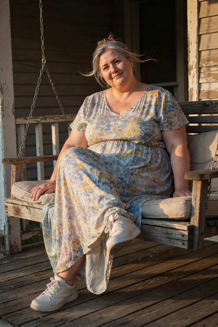 Plus-size woman with gray-streaked blonde hair in a loose bun, smiling while seated on a wooden porch swing, wearing a light blue and yellow floral print V-neck maxi dress with short sleeves and white lace-up sneakers, dress fabric flowing loosely over cushions.