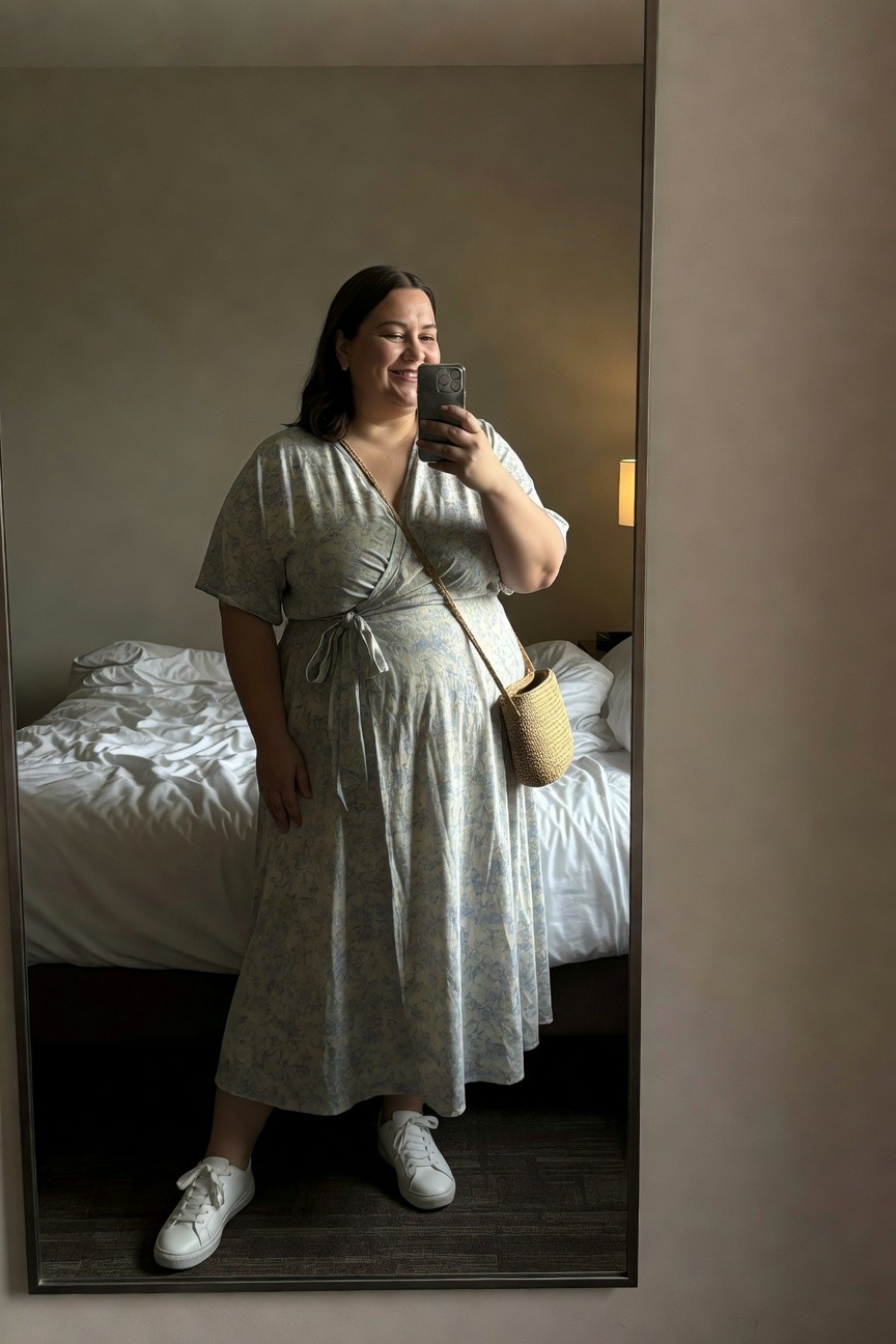 Plus-size woman smiling in hotel mirror selfie, wearing light blue-gray floral print wrap midi dress with short sleeves and tie waist, beige woven crossbody bag, and white lace-up sneakers on hardwood floor with bed in background