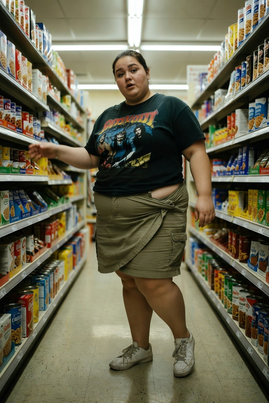 Plus-size woman in oversized black Motörhead graphic T-shirt, low-tied khaki cargo mini skirt showing midriff, and white lace-up sneakers, reaching for cereal boxes in a grocery store aisle