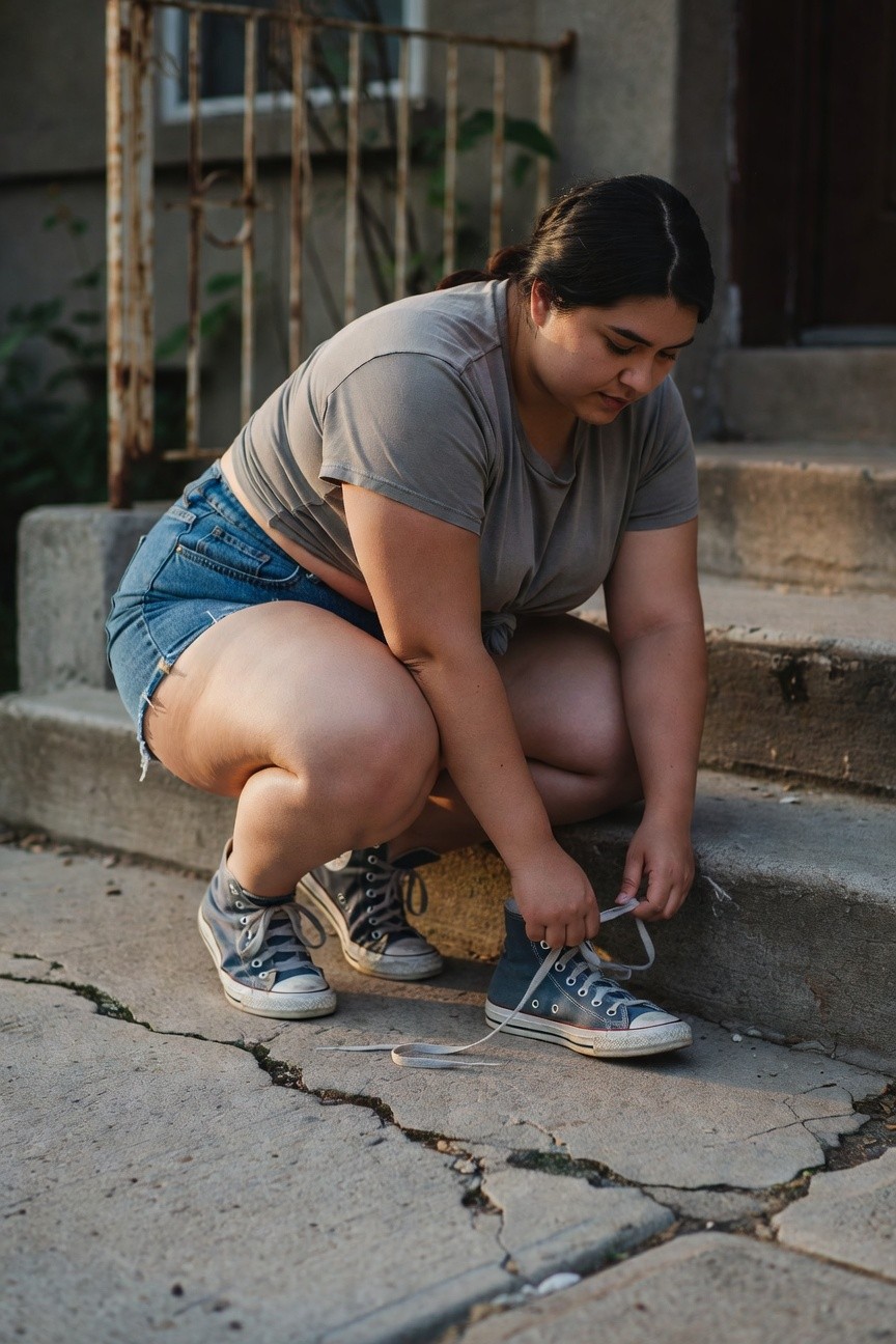 Plus-size Latina woman with ponytail squatting on concrete steps, wearing a tied gray crop top, frayed short denim cutoffs, and blue high-top Converse sneakers while tying her laces, urban outdoor setting