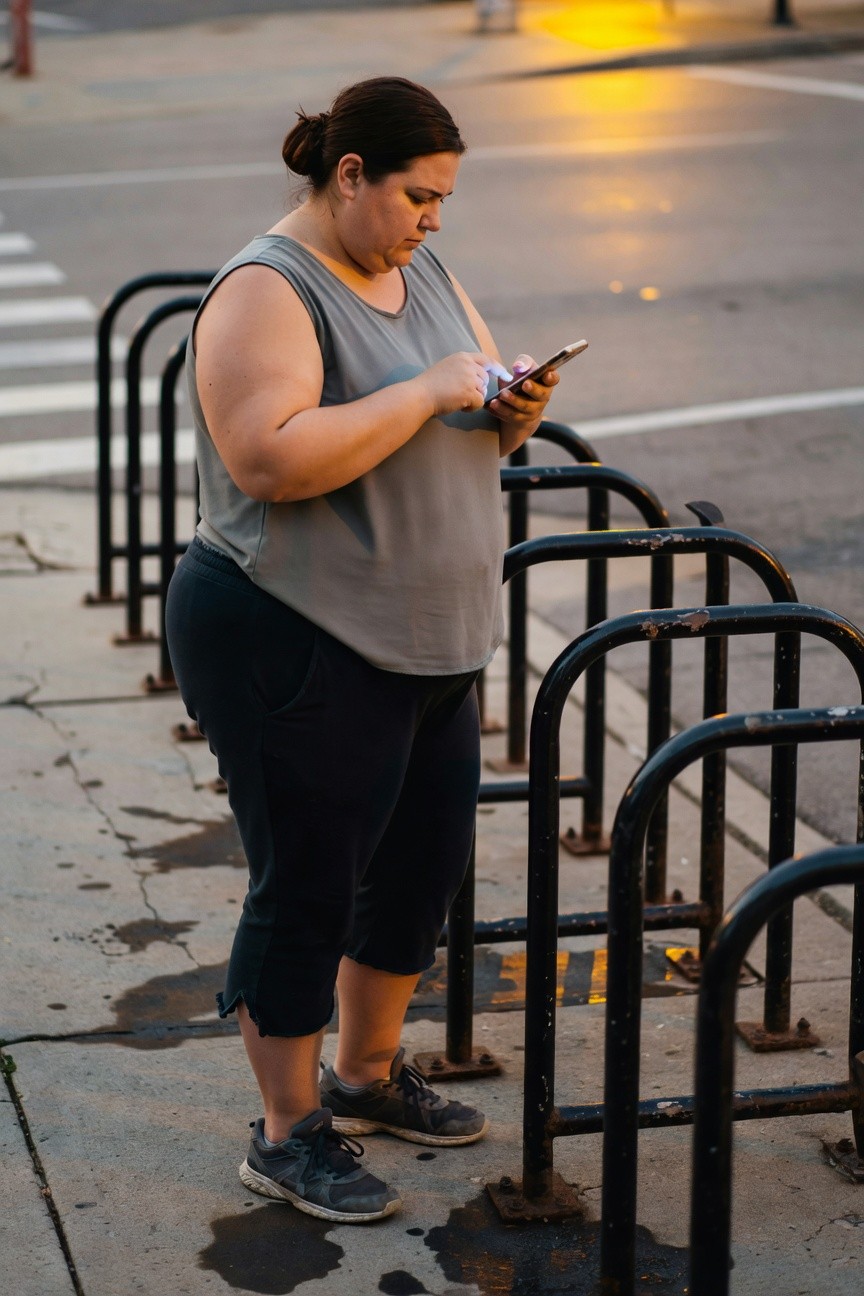 Plus-size woman in gray sleeveless tank top, black cropped leggings, and gray sneakers standing by bike racks while checking her phone