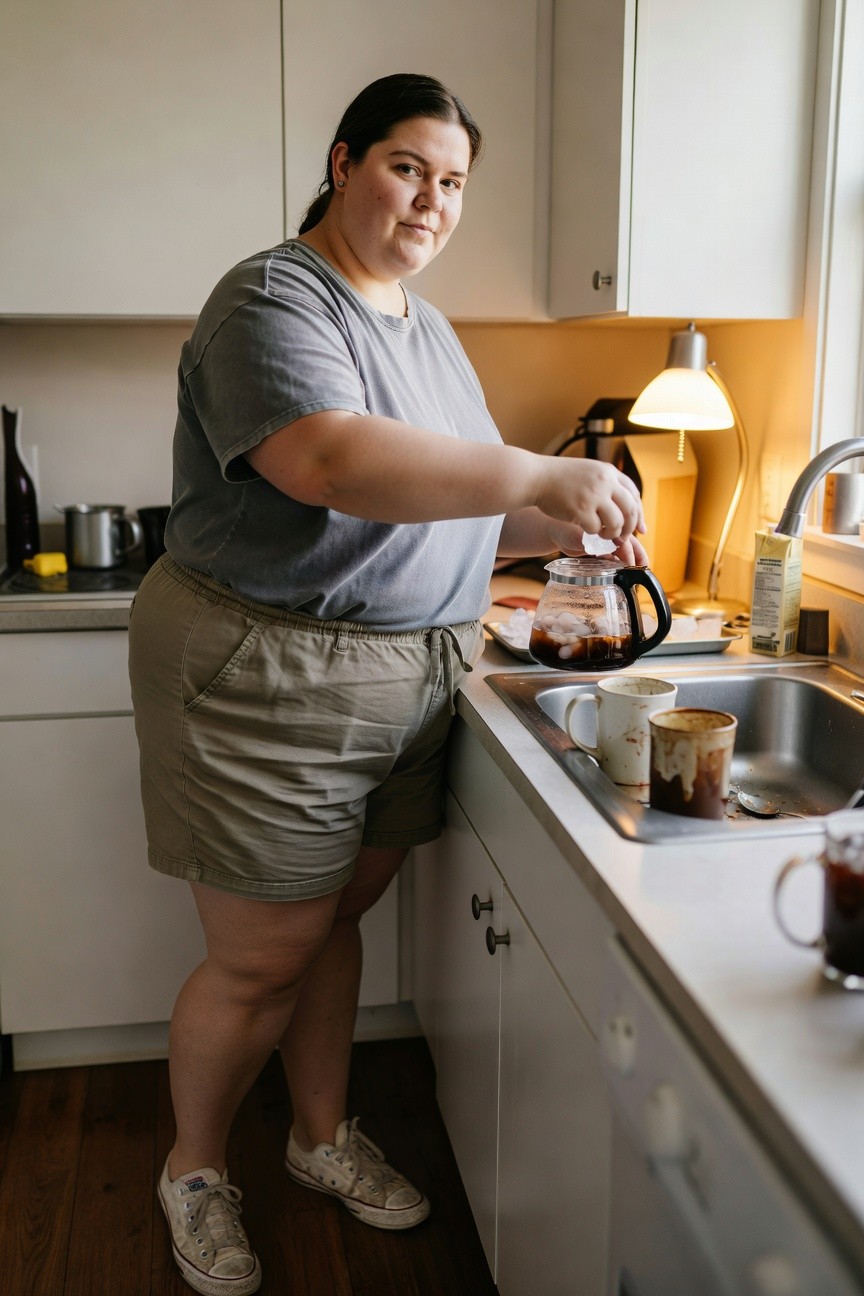 Plus size woman wearing an oversized gray t-shirt, khaki cargo shorts, and white Converse sneakers while standing in a kitchen.