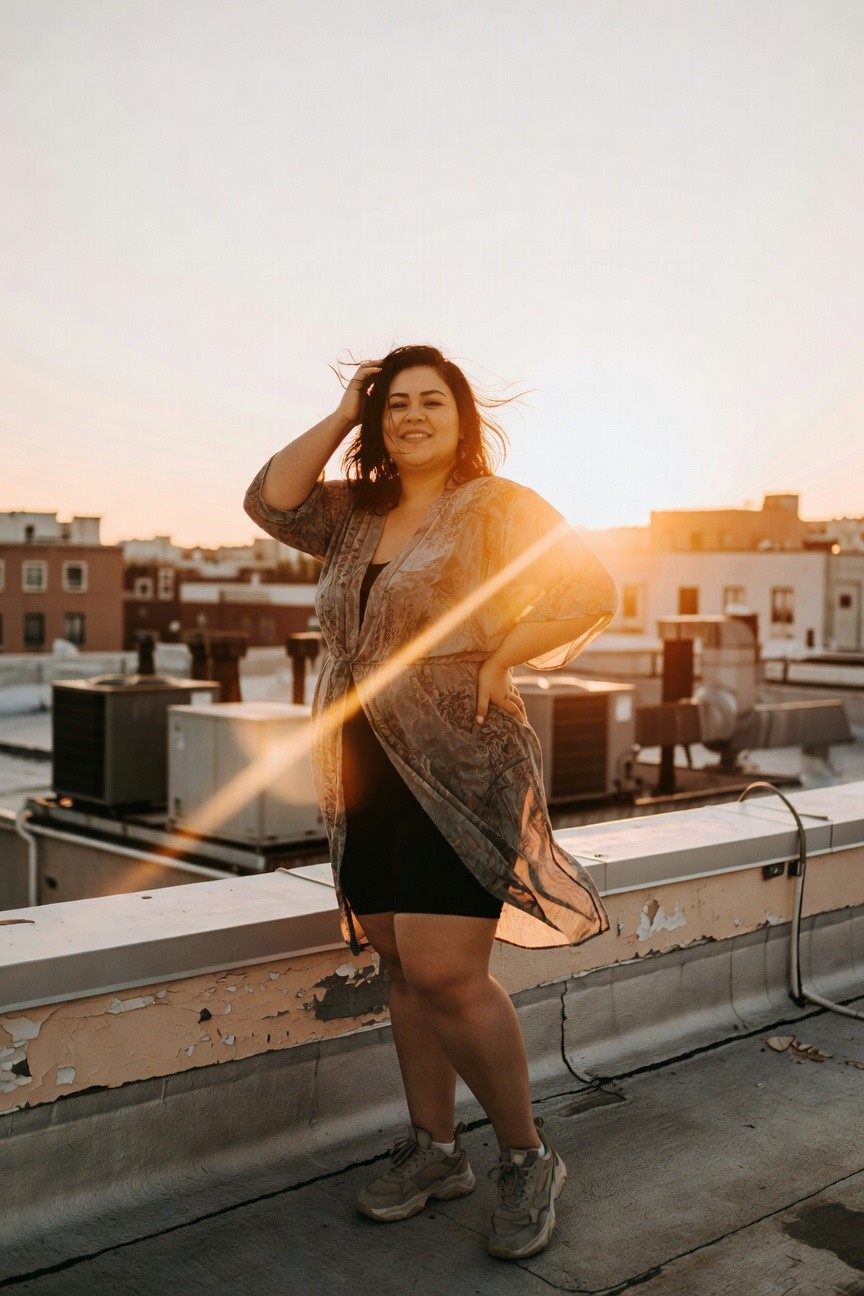 Plus-size woman smiling confidently in sheer printed gray kimono cardigan layered over black mini dress, hands on hips and head, paired with chunky off-white sneakers, rooftop urban background at sunset