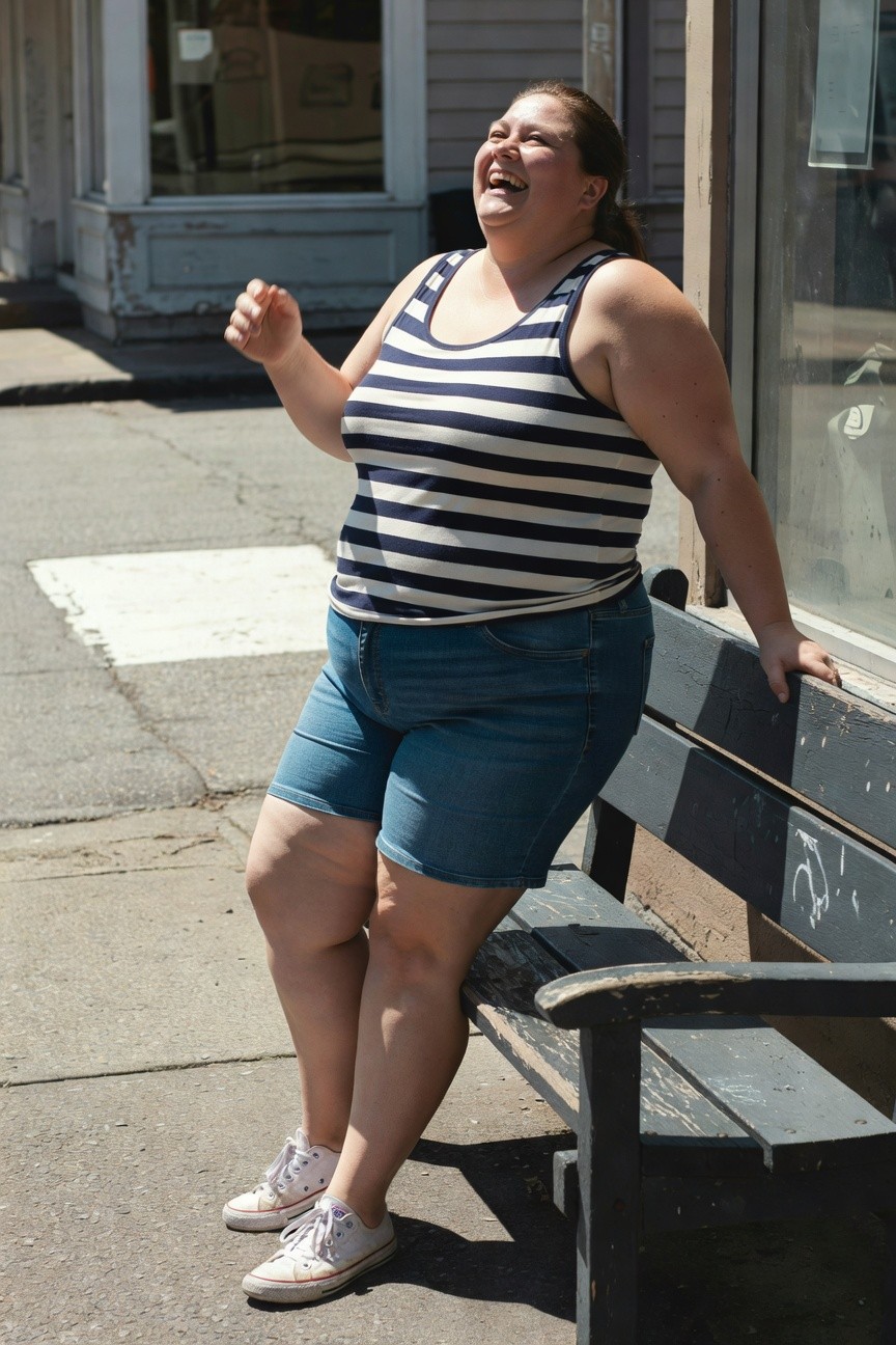 Plus-size woman in navy and white striped sleeveless tank top, high-waisted blue denim shorts, and white low-top sneakers, leaning casually on a wooden bench