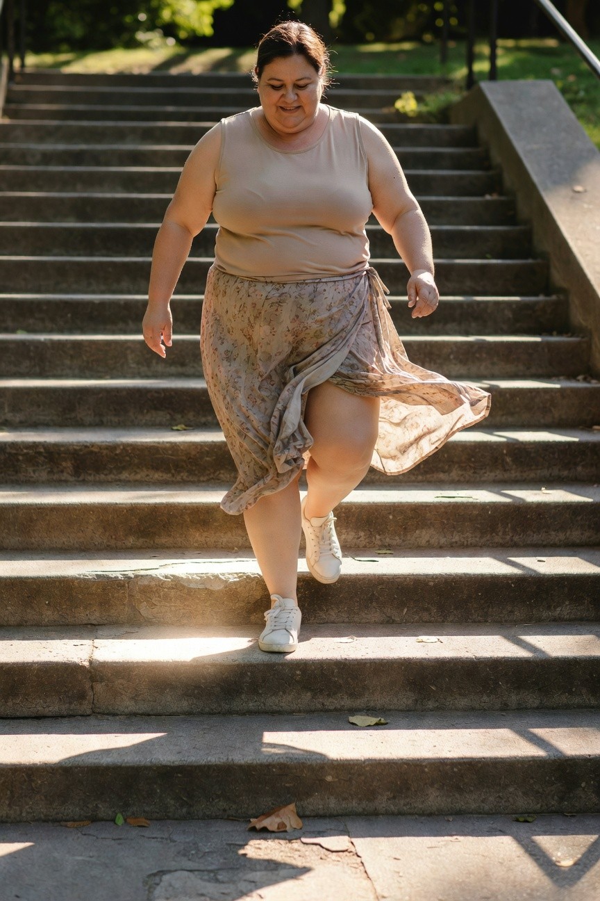 Plus-size woman wearing a beige sleeveless tank top, flowing beige floral wrap skirt, and white sneakers while ascending outdoor stairs