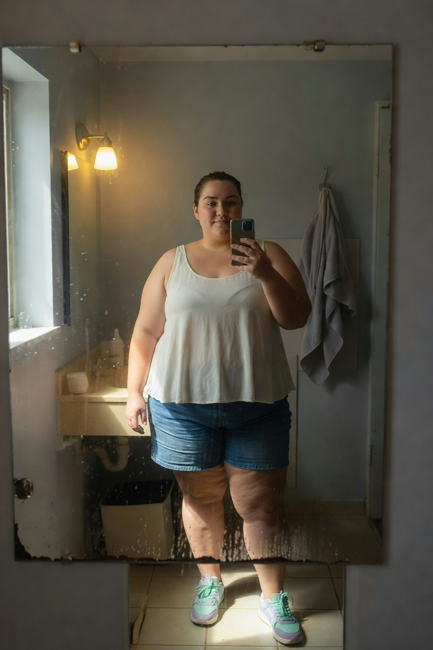 Plus-size woman in a bathroom mirror selfie wearing a flowy white tank top, mid-thigh blue denim shorts, and chunky mint green sneakers with purple accents, standing confidently on tiled floor.