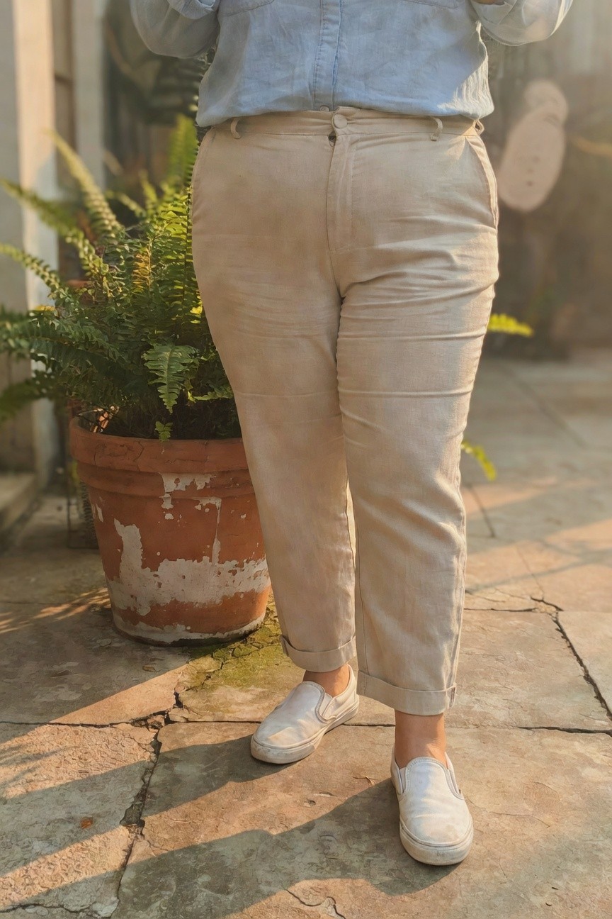 Plus-size woman in light blue chambray button-up shirt with rolled sleeves, high-waisted beige linen wide-leg pants cuffed at ankles, and white slip-on sneakers, standing outdoors near potted plants