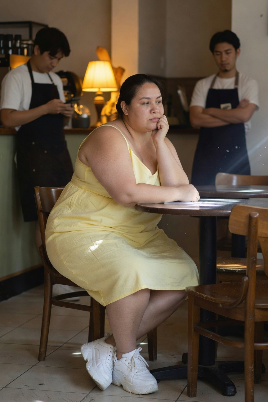 Plus-size woman sitting at a cafe table in a flowy pale yellow sleeveless sundress with thin straps and a flared skirt, paired with chunky white platform sneakers, resting her chin on her hand thoughtfully