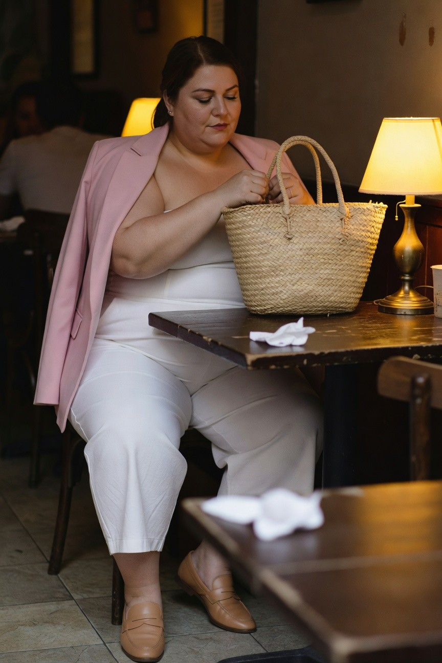 Plus-size woman over 40 sitting at a wooden cafe table in an open blush pink oversized blazer over a white strapless top, white wide-leg pants, tan loafers, holding a straw basket bag, warm indoor lighting