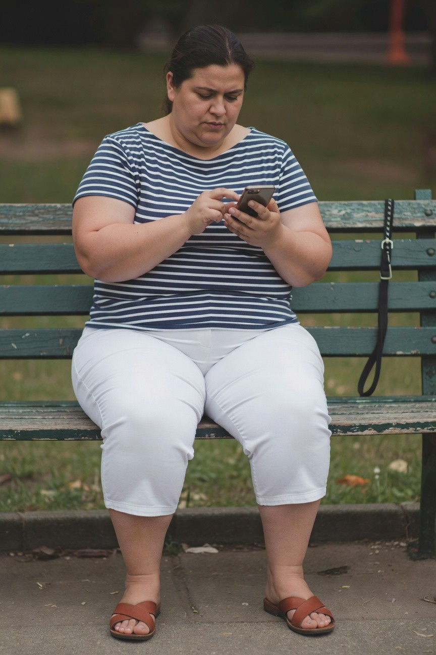 Plus-size woman over 40 in a navy and white horizontal striped boatneck short-sleeve top, white capri pants, and brown cross-strap sandals, sitting on a green park bench holding a phone with a black dog leash nearby