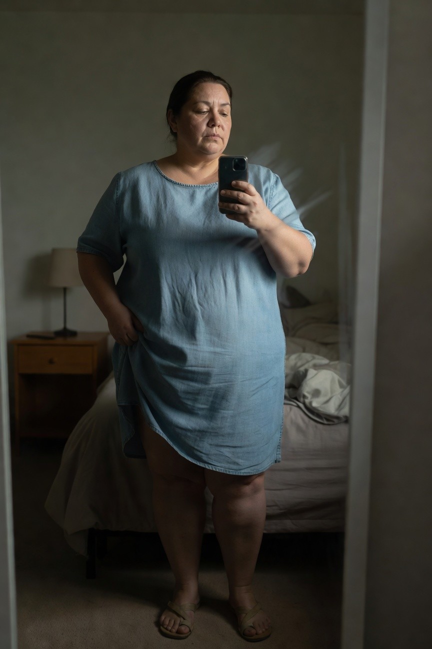 Plus-size woman over 40 in a loose light blue chambray short-sleeve dress with hand on hip, tan flip-flops, mirror selfie in bedroom