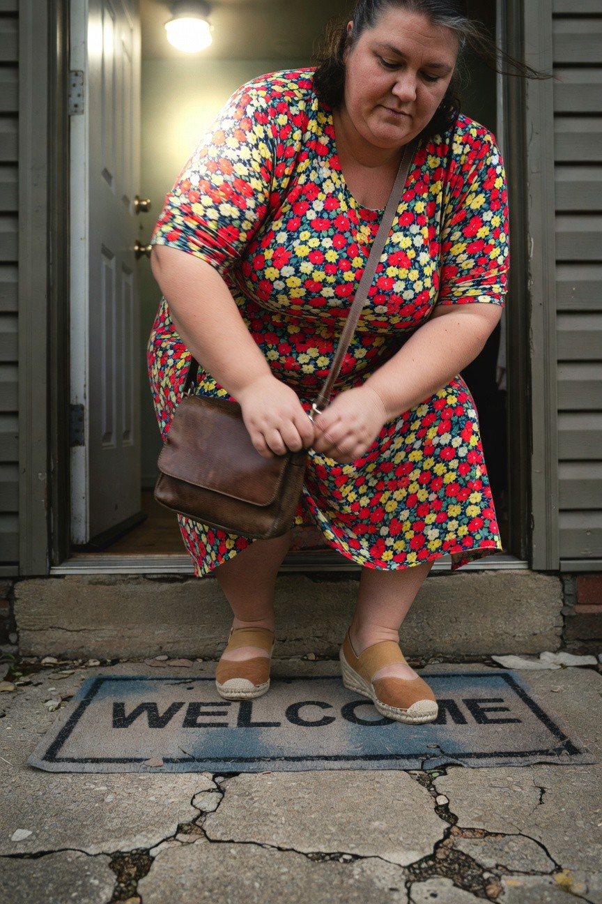 Plus-size woman crouching in a short-sleeved colorful floral print dress with A-line skirt brown leather crossbody bag and tan espadrille wedge sandals on a doorstep
