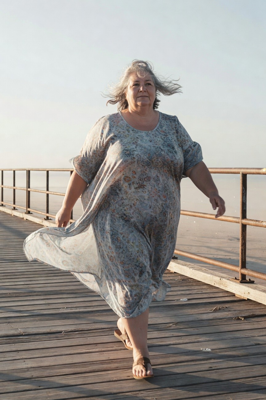Plus-size woman over 40 walking on wooden pier in flowing gray-blue printed maxi dress with bell sleeves and semi-sheer fabric, paired with tan strappy flat sandals, dress billowing slightly