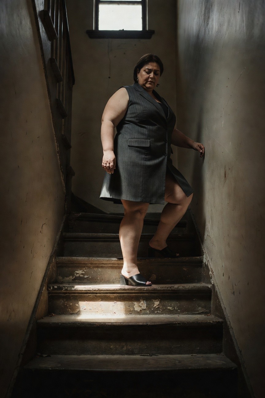 Plus-size woman over 40 ascending stairs in sleeveless gray pinstripe wrap dress with short hem and black high-heeled sandals, dim interior setting