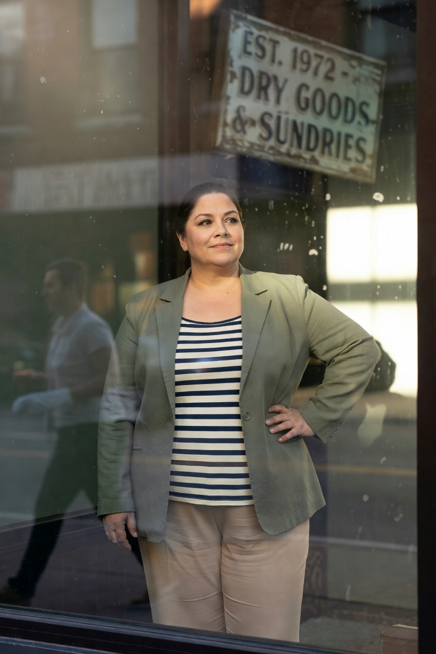 Plus-size woman over 40 in a sage green blazer over black-and-white striped sleeveless top and wide-leg beige trousers, posing confidently with hand on hip inside a storefront window