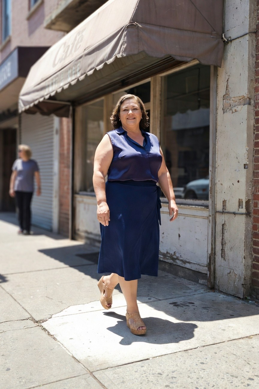 Plus-size woman over 40 in navy sleeveless shiny blouse, matching wrap midi skirt, and tan cork wedge sandals, walking on urban sidewalk near cafe.