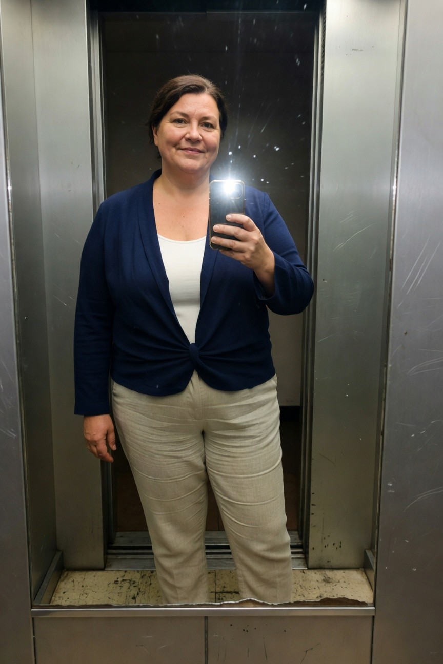 Plus-size woman over 40 in a navy blue open wrap cardigan with front twist over white tank top and beige linen pants, taking a mirror selfie in an elevator