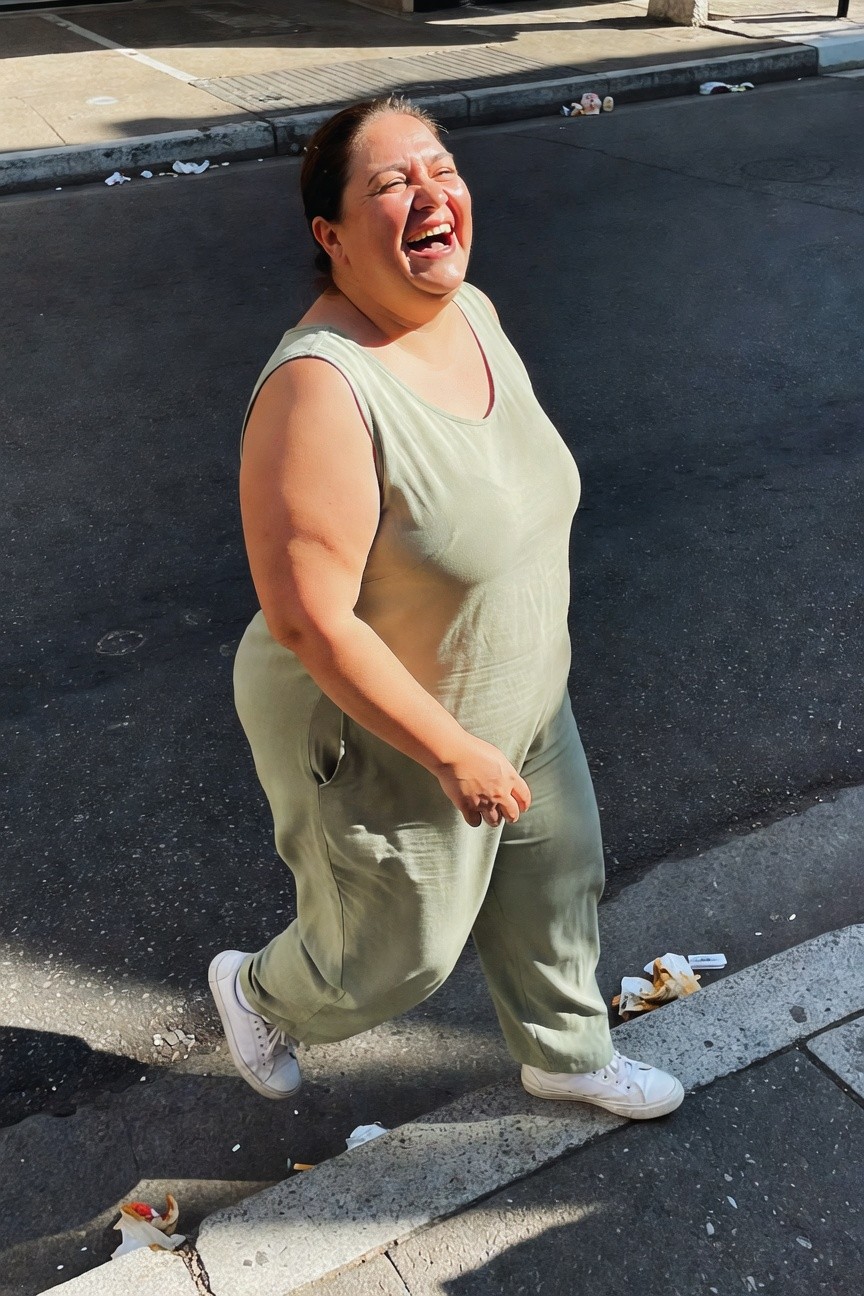 Plus-size woman over 40 laughing while walking in a loose sage green sleeveless linen jumpsuit with side pockets and white sneakers on a city street