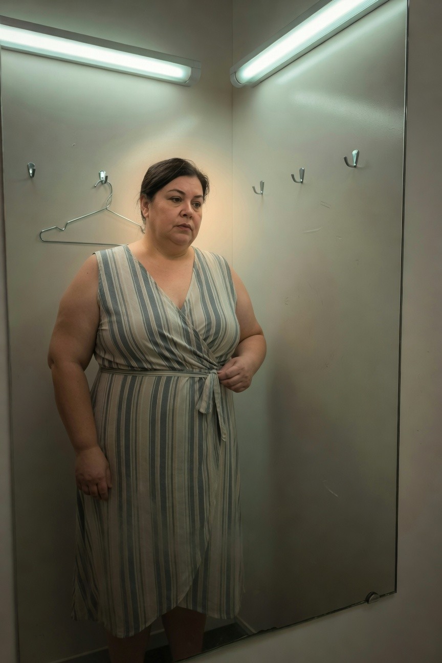 Plus-size woman over 40 in a sleeveless gray-and-white striped wrap midi dress, standing sideways in a brightly lit fitting room mirror while adjusting the waist tie