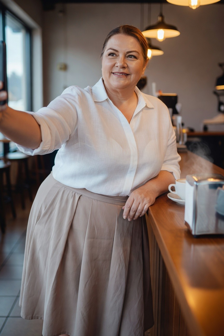 Plus-size woman over 40 in a loose white linen button-up blouse and beige pleated midi skirt, leaning on a coffee bar counter while taking a selfie, smiling warmly