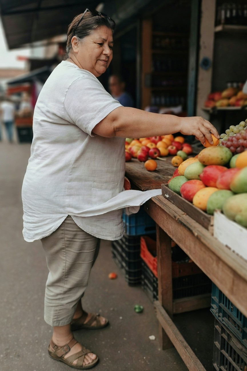 Plus-size woman over 40 in a loose white linen tunic top with side slit, beige cropped pants, and tan strap sandals, reaching for fruit at a market stall surrounded by colorful produce.