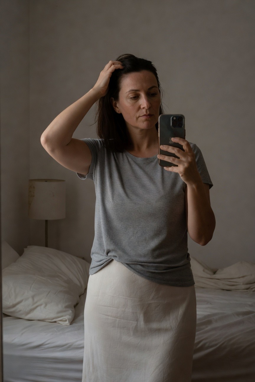 Woman with hand in hair taking a mirror selfie in a bedroom, wearing a gray short-sleeve t-shirt knotted at the waist over a cream midi skirt, standing near a bed with white pillows and a lamp in the background