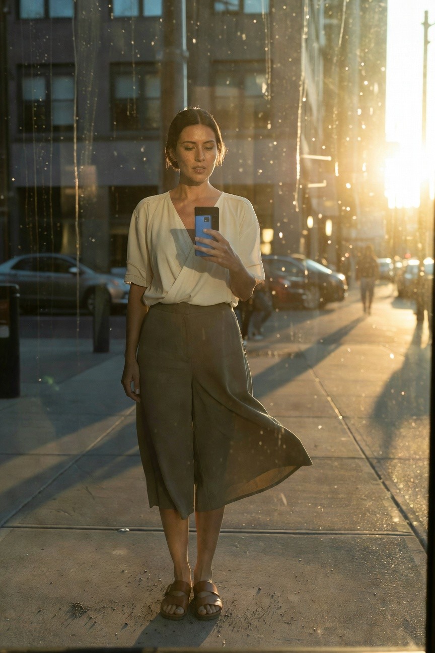 Woman standing on sidewalk in off-white flowy blouse, gray wide-leg cropped pants, tan strappy sandals, holding blue phone, urban glass building reflections behind her