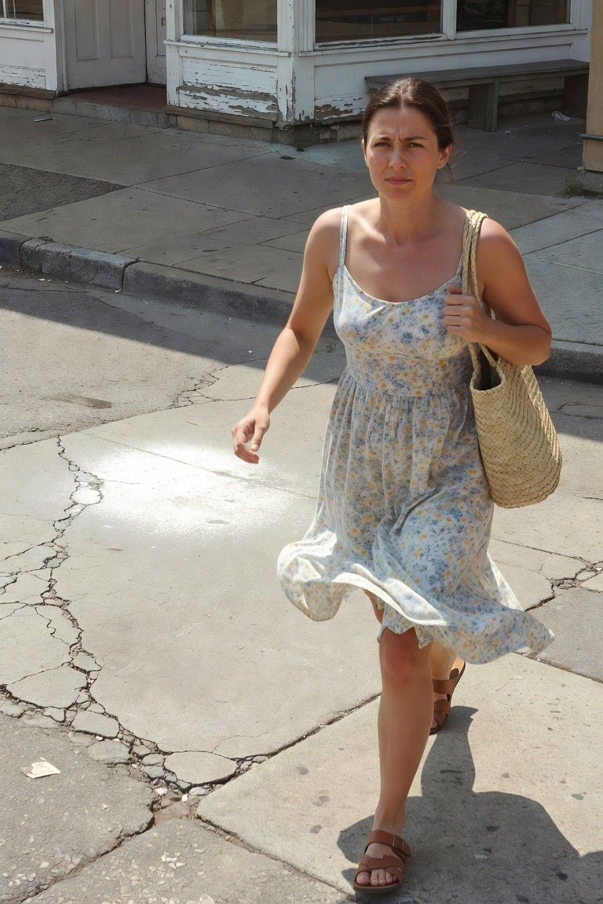 Woman walking on sidewalk in cream floral sundress with thin straps, carrying straw tote bag, wearing brown strappy sandals