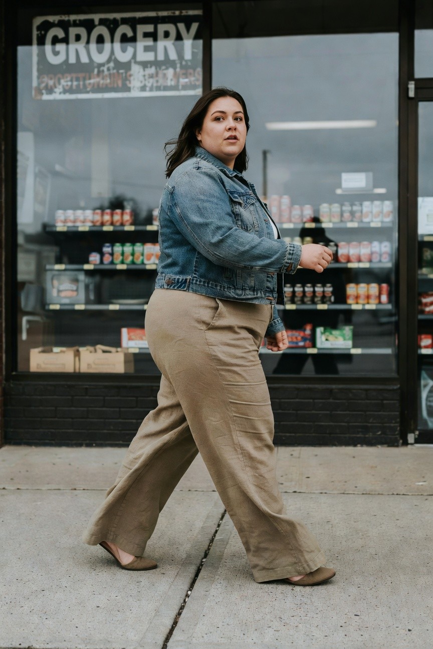 Plus-size woman in a blue denim jacket over a white top, wide-leg beige linen pants, and nude flat shoes, walking on a sidewalk outside a grocery store window displaying canned goods and shelves.