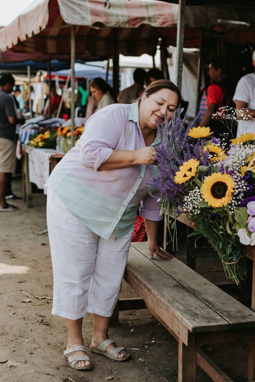 Plus-size woman in a gradient lavender-to-mint button-up blouse, white cropped linen pants, and white flat sandals, leaning to smell a colorful bouquet of sunflowers, lavender, and baby's breath on a market bench surrounded by stalls.