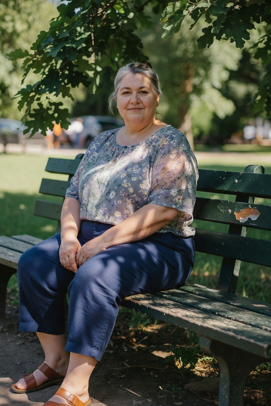 Plus-size woman seated on a green park bench in a sheer gray floral-print blouse with three-quarter sleeves, navy cropped linen pants cuffed at the ankles, and brown strap sandals, hands clasped in lap under tree shade