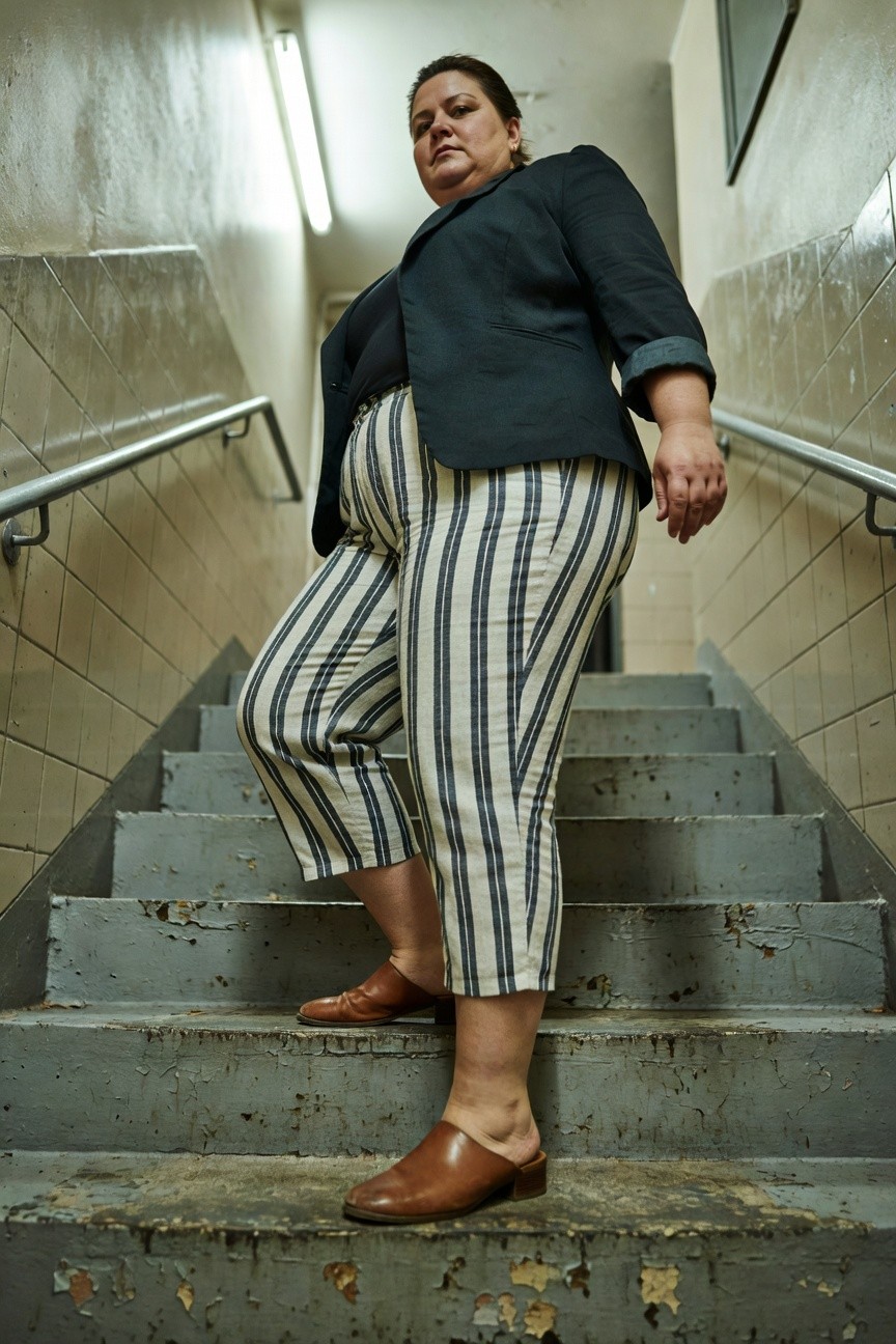 Plus-size woman standing on concrete stairs in a dark navy blazer, wide-leg cream and navy striped linen pants cropped at the ankle, and brown leather clogs, hand on railing