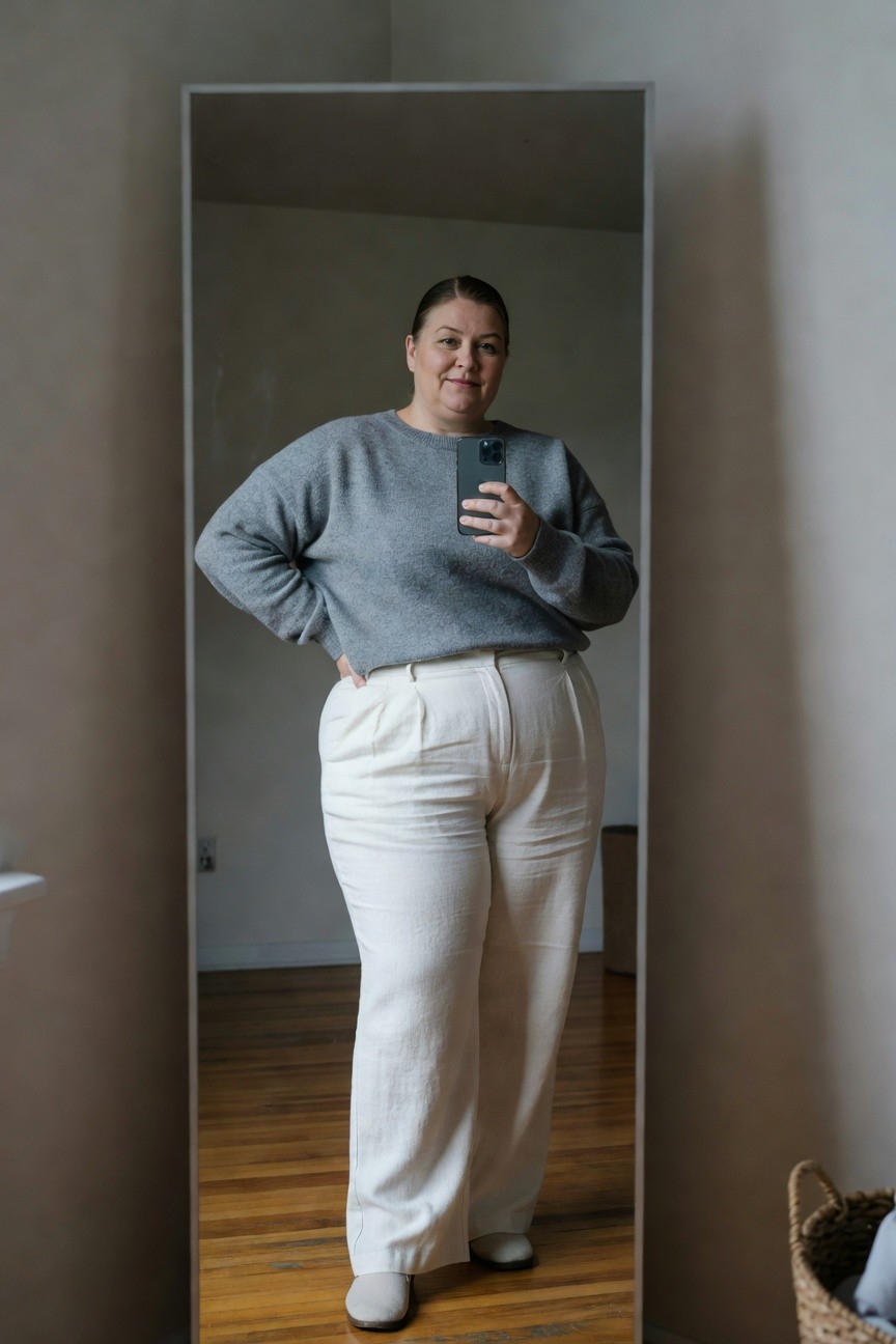 Plus-size woman smiling in mirror selfie wearing loose gray knit sweater, high-waisted wide-leg white linen pants, and gray flats, hands on hips