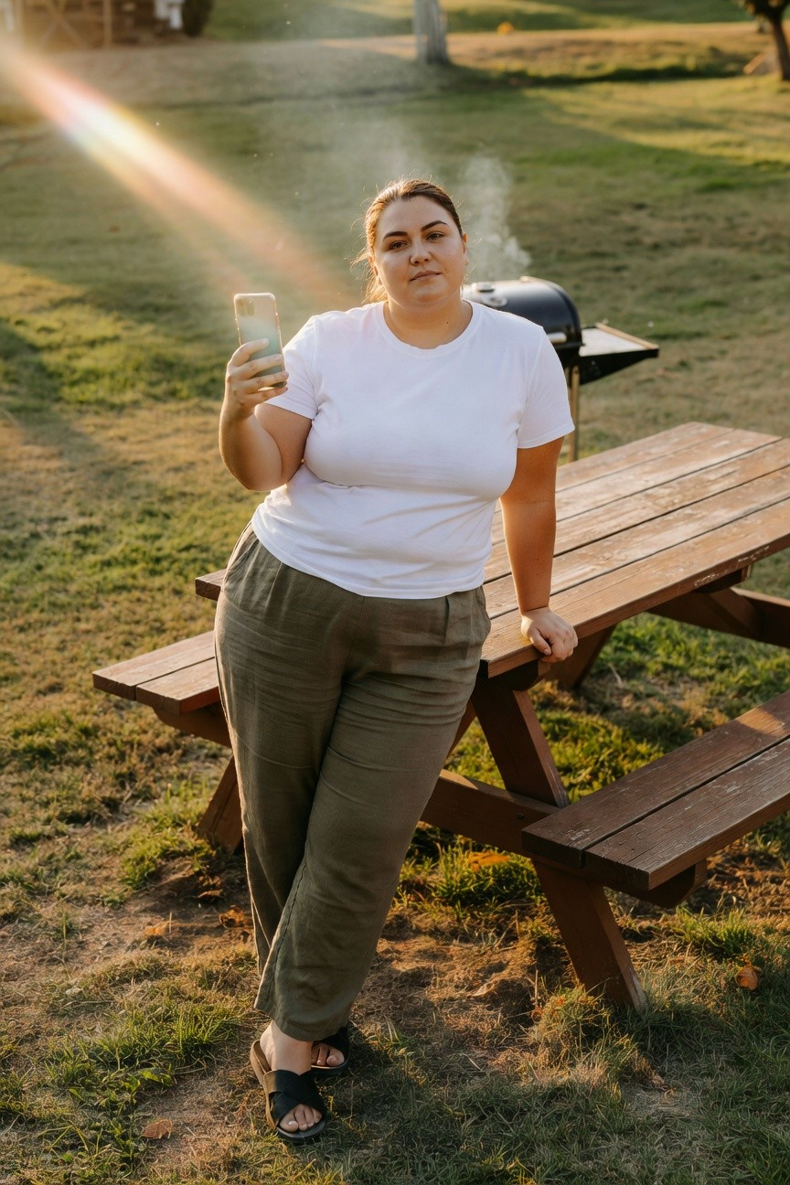 Plus-size woman standing casually in a fitted white t-shirt, wide-leg khaki linen pants, and black cross-strap flat sandals, one hand holding a phone and the other resting on a wooden picnic table