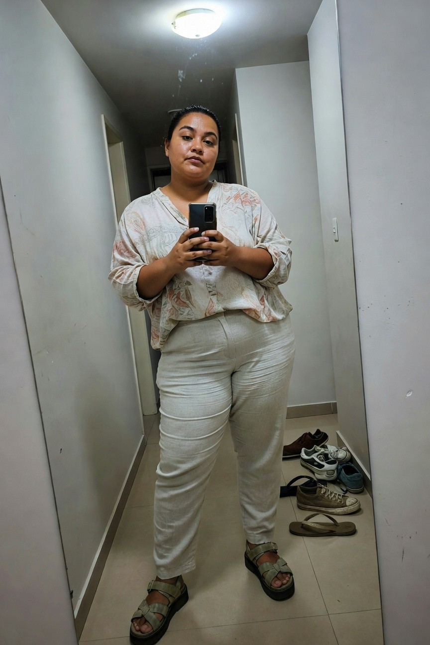 Plus-size woman in a flowy floral print blouse and wide-leg off-white linen pants, holding phone for selfie in a hallway, wearing platform strappy sandals, surrounded by scattered shoes on tiled floor