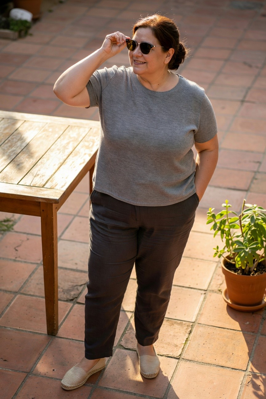 Plus size woman smiling while holding sunglasses, wearing a gray short-sleeve top, dark wide-leg linen pants, and beige espadrille flats, standing casually by a wooden table on a tiled terrace