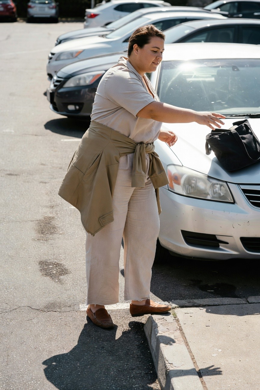 Plus-size woman in cream wide-leg linen pants, cream sleeveless top, tan khaki jacket tied at waist, brown loafers, reaching toward black tote bag on hood of silver car in parking lot
