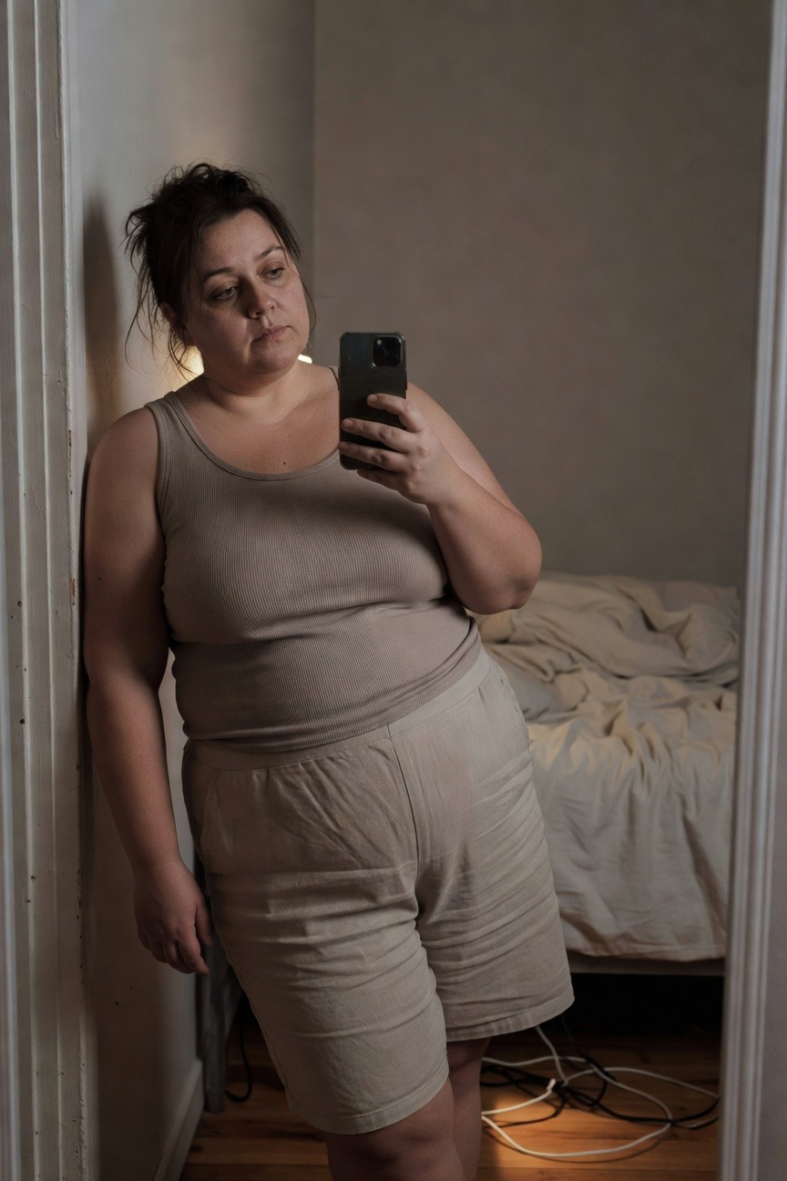 Plus-size woman with messy bun taking mirror selfie while leaning against bedroom wall, wearing fitted beige ribbed tank top and loose matching linen shorts, soft indoor lighting on hardwood floor with bed in background