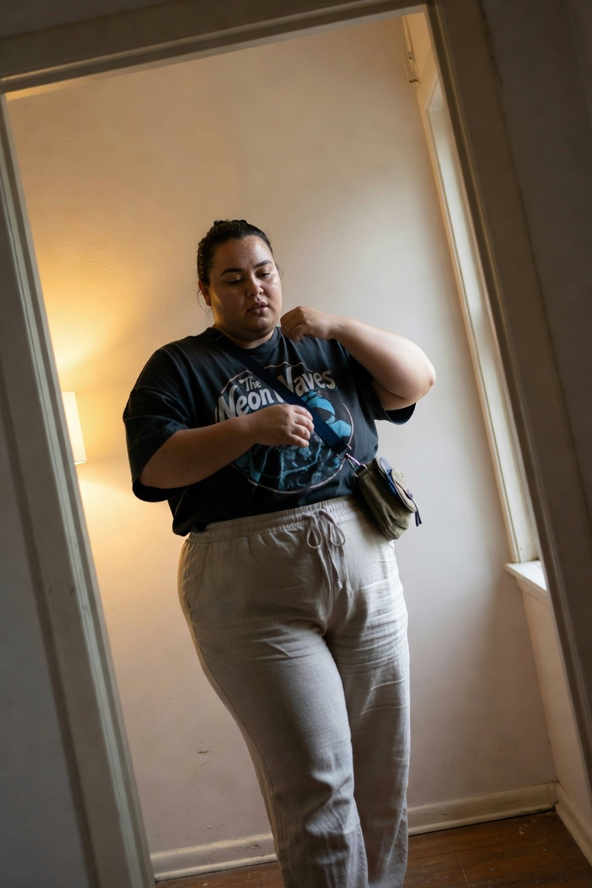 Plus-size woman posing in black oversized Neon Waves graphic t-shirt, beige wide-leg linen drawstring pants, and green crossbody fanny pack, standing in a lit doorway with white walls and wooden floor