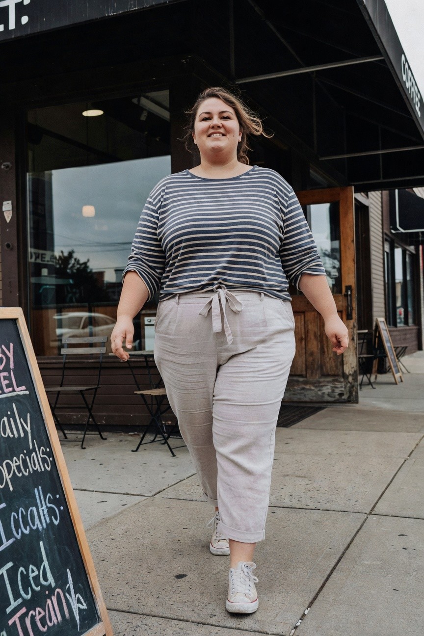 Plus-size woman smiling in a navy and white striped long-sleeve top, tied-waist beige linen pants cuffed at ankles, and white sneakers, standing on a sidewalk near a coffee shop sign