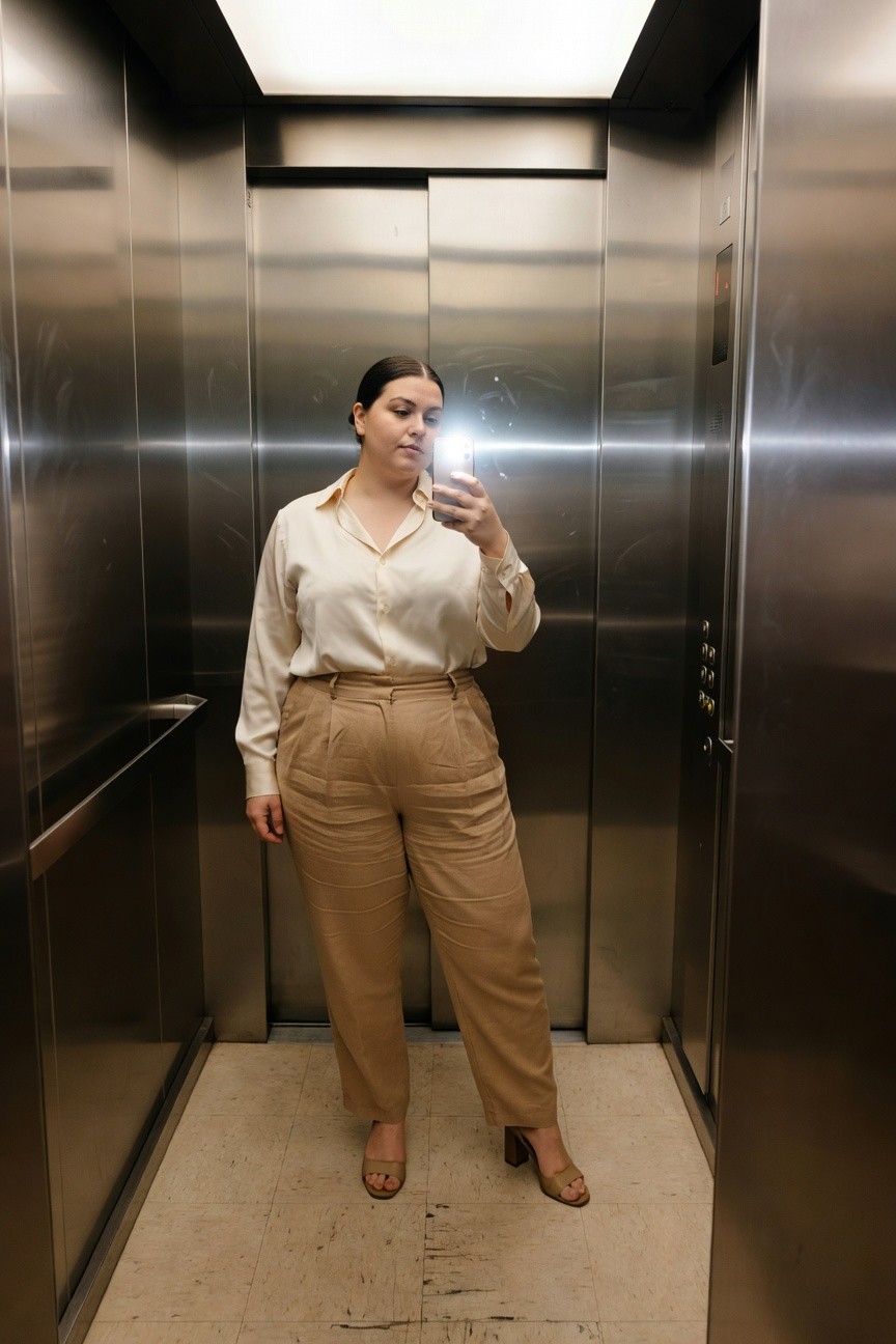 Plus-size woman taking a mirror selfie in an elevator, wearing a cream silk blouse with rolled sleeves and wide-leg beige linen pants with pleated waist, paired with tan block-heel sandals, neutral tones for a polished look