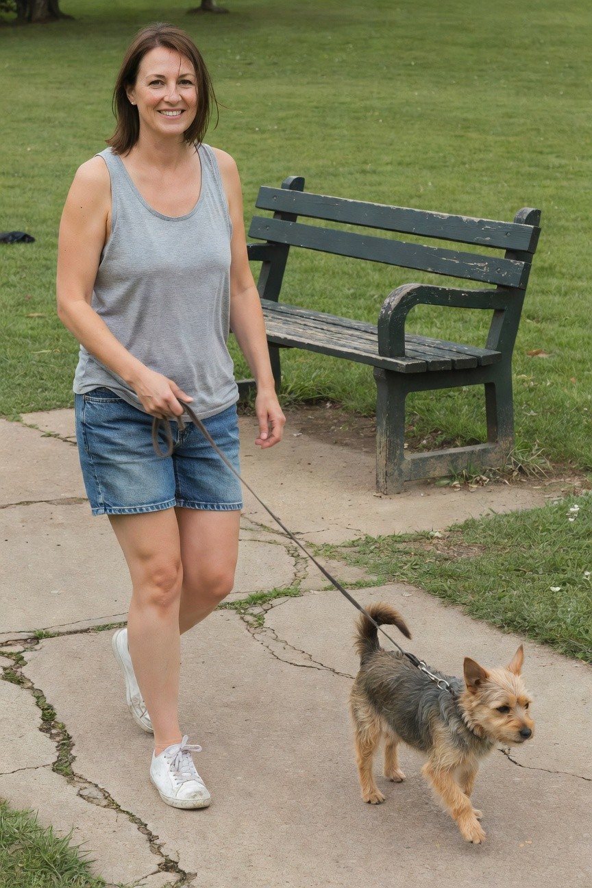 Woman walking small wiry terrier dog on leash, wearing gray sleeveless tank top, cutoff blue denim shorts, and white sneakers on cracked path near green park bench