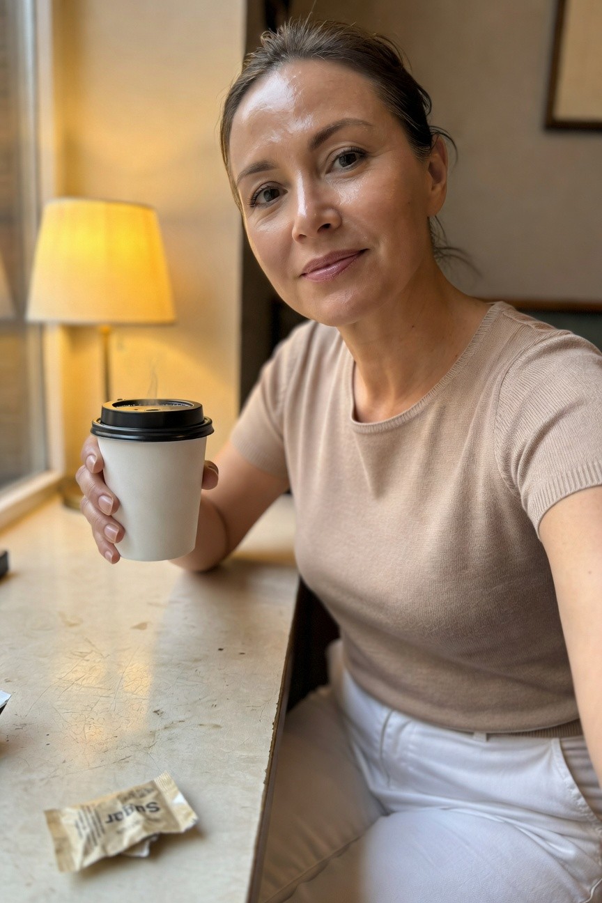 Woman taking a selfie in a light beige short-sleeved knit top and white tailored trousers, holding a black-lidded white coffee cup while seated at a table with a sugar packet nearby