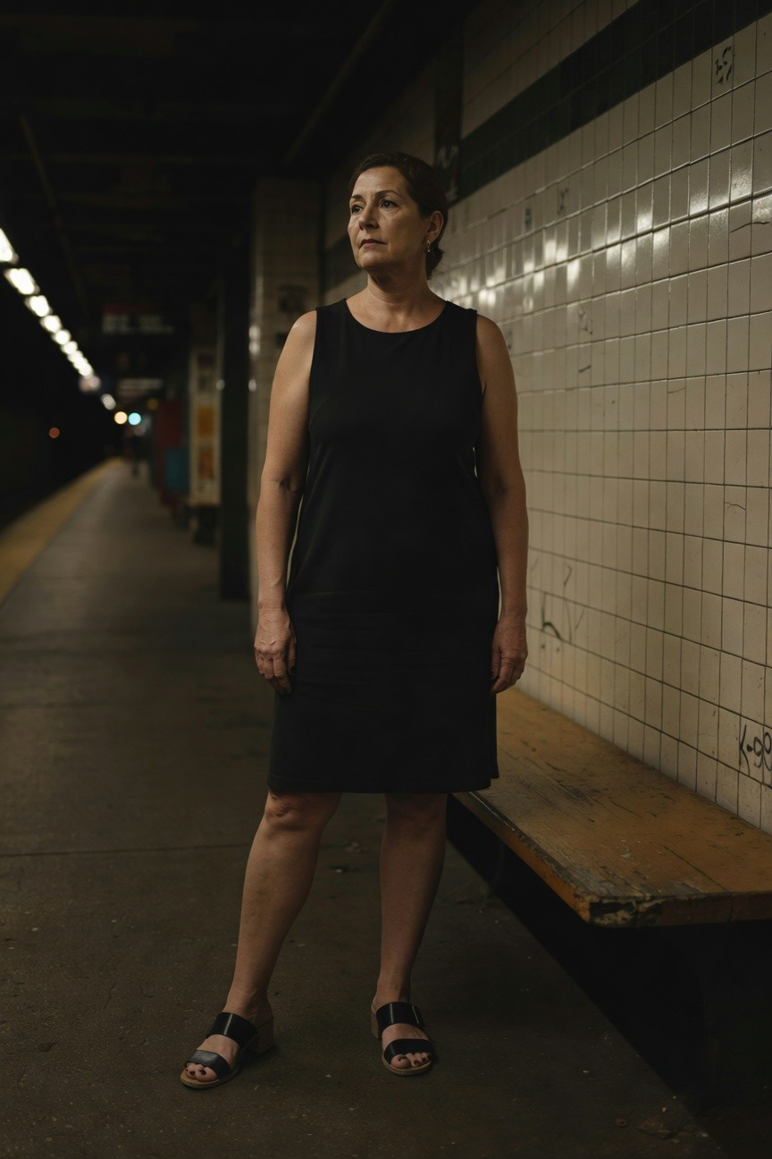 Woman in a black sleeveless knee-length dress and black strappy platform sandals standing on a subway platform